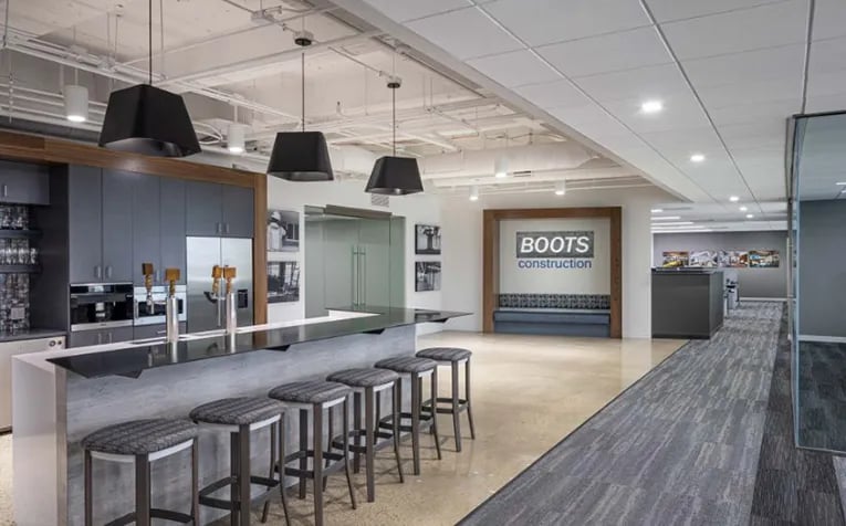 The entrance and break room of Boots Construction in Denver. (Caleb Tkach)