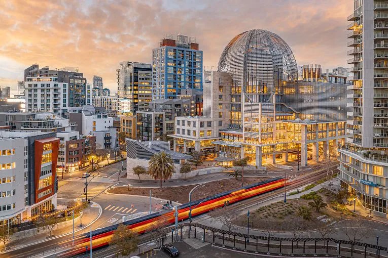 Aerial view of the cityscape of the East Village neighborhood of San Diego, CA