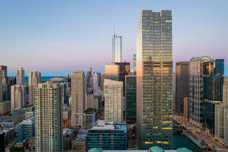 Aerial view of Chicago River North cityscape at sunset