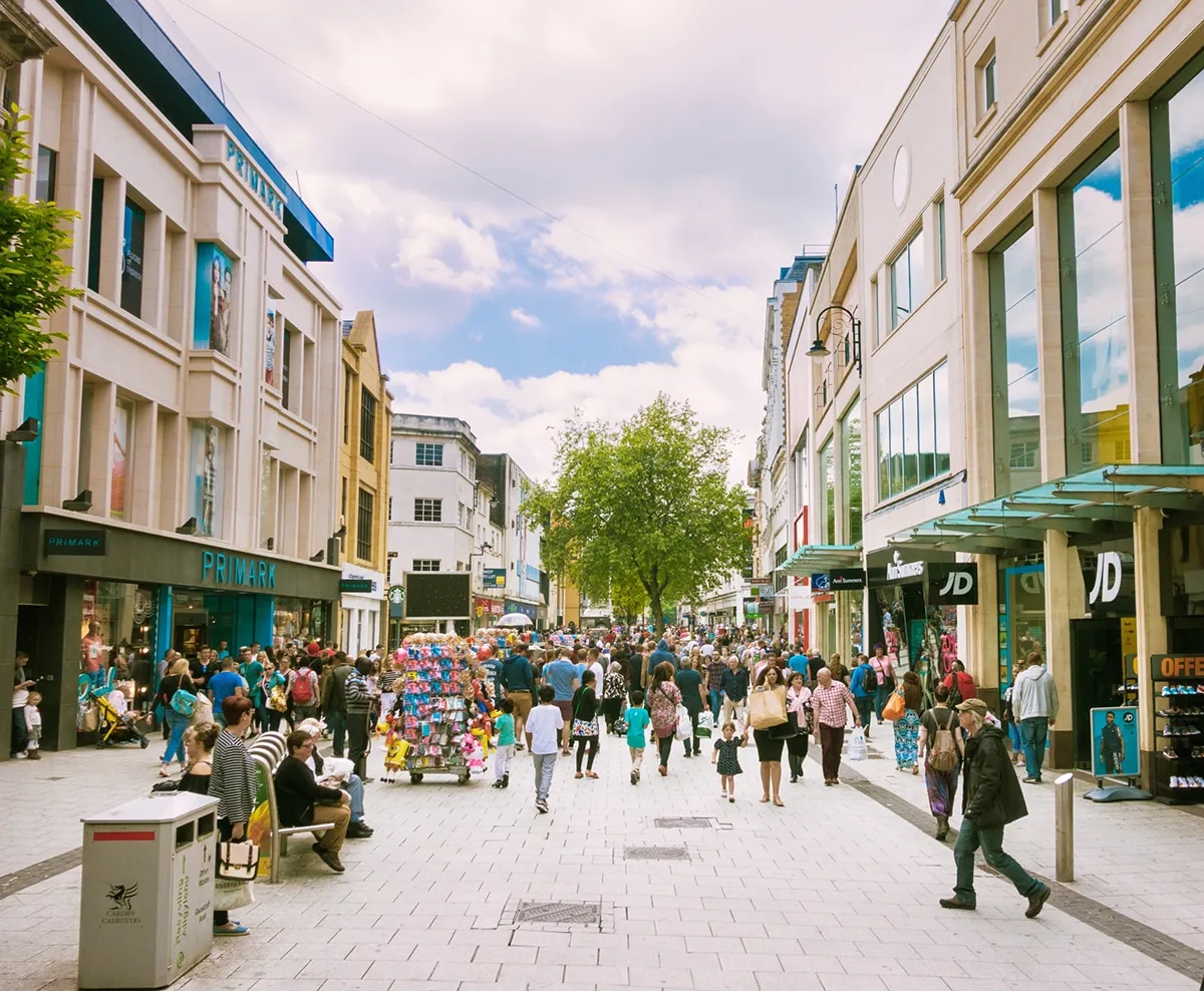 Queen Street in central Cardiff, busy with Saturday shoppers