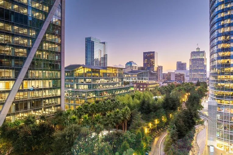 Aerial view of Salesforce Park in the Yerba Buena neighborhood in San Francisco, CA.