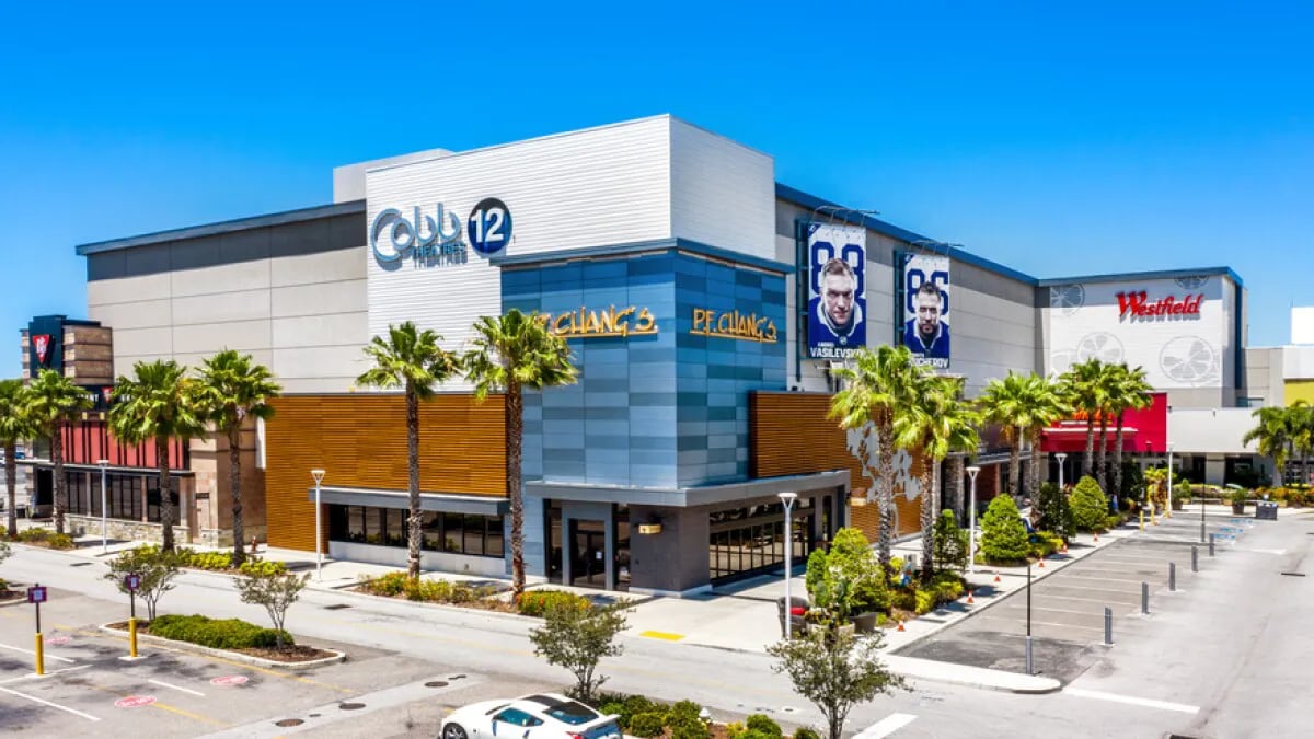 Exterior view of a shopping center's buildings