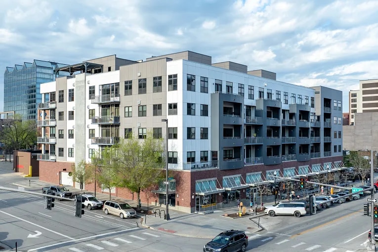 Aerial view of a condo building in downtown Omaha, NE