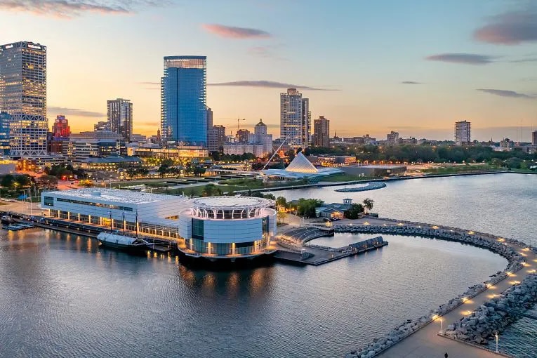 Ariel view of the cityscape and lake of Milwaukee, Wisconsin Downtown