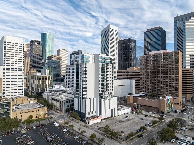 Aerial view of the skyline in downtown Houston, TX.