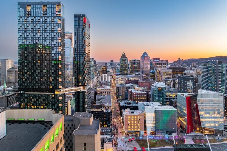 Aerial skyline of downtown Montreal, QC, Canada at sunset.