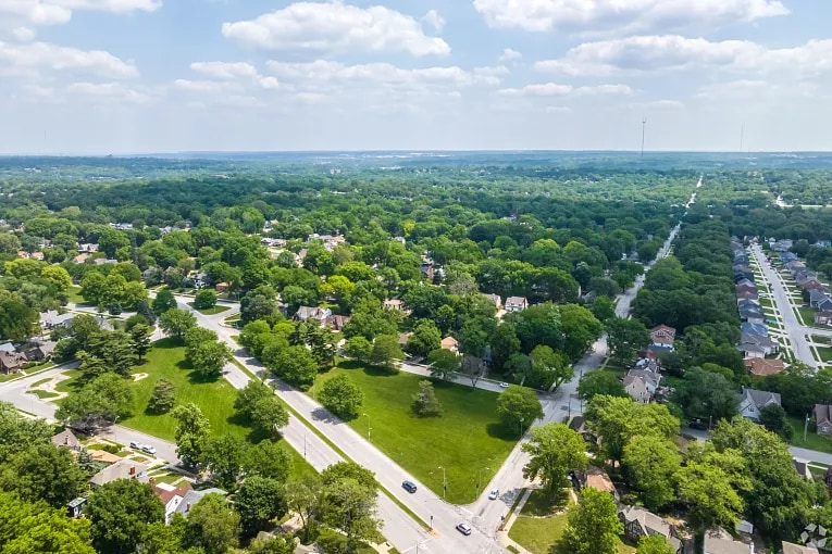 Aerial view in the Blue Hills South neighborhood of Kansas City, MO.