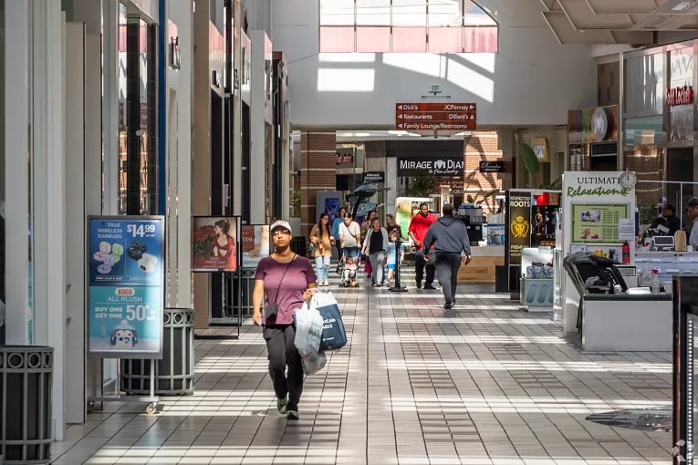 Interior view of a shopping mall with skylights in Riverview, FL.