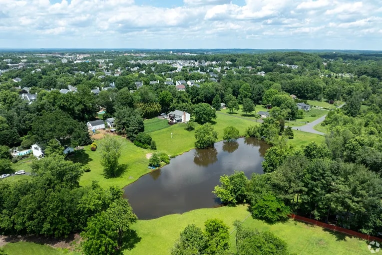 Aerial view of the landscape and pond in the Signal Hill neighborhood of Manassas Park, VA.