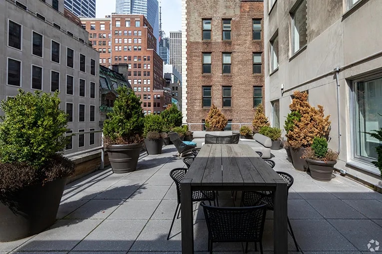 Outdoor lounge area of a coworking office