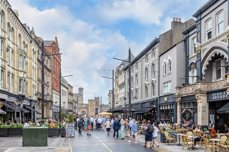 St Mary Street in Cardiff, with Cardiff Castle in the background