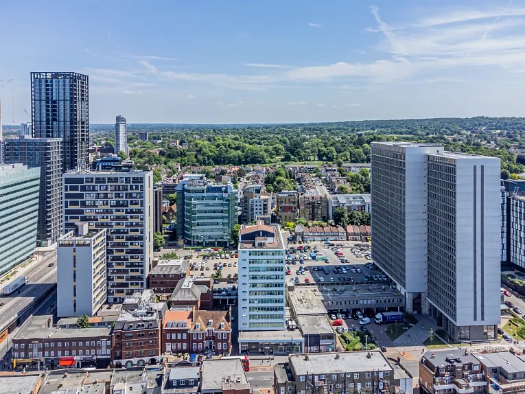 Aerial view of skyline of London, England